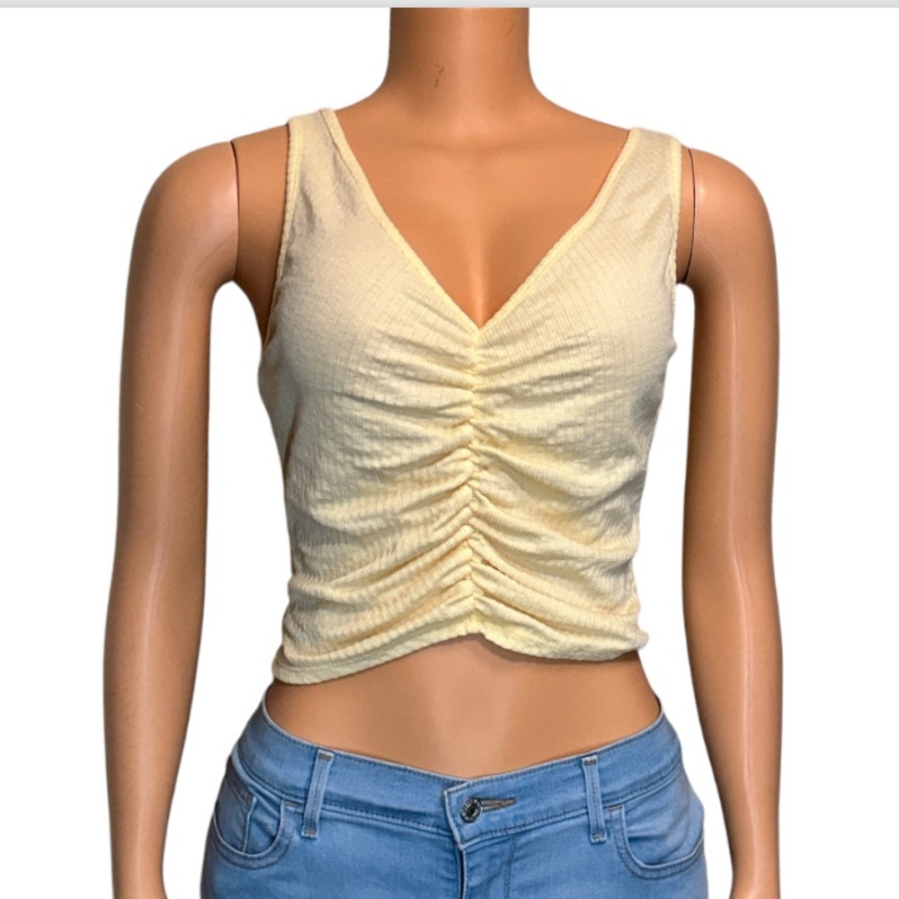 Gaze Crop Top Tank RibbedYellow V Neck ruching front size M